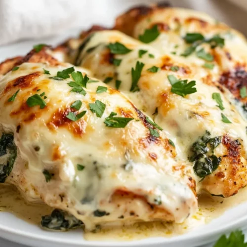 Keto Spinach Artichoke Chicken: A Low-Carb, High-Flavor Dinner 2 Keto Spinach Artichoke Chicken On A White Plate Topped With Melted Cheese And Garnished With Parsley