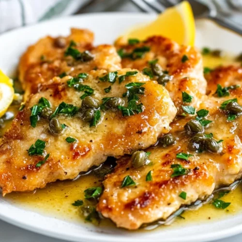 Plate Of Lemon Chicken Piccata With Golden Chicken Cutlets, Lemon Sauce, And Parsley Garnish