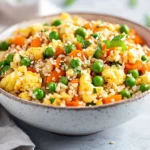 Bowl Of Low Carb Cauliflower Fried Rice With Peas, Carrots, And Scrambled Eggs, Garnished With Scallions On A Neutral Background