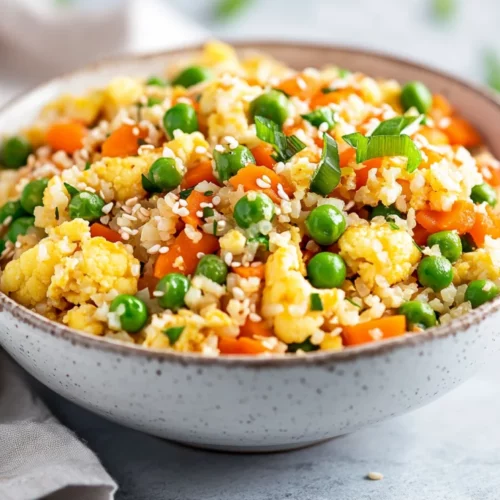 Low Carb Cauliflower Fried Rice Recipe For Healthy Eating 2 Bowl Of Low Carb Cauliflower Fried Rice With Peas, Carrots, And Scrambled Eggs, Garnished With Scallions On A Neutral Background