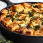 Golden-Baked Make-Ahead Vegetable Strata Topped With Fresh Thyme In A Cast Iron Skillet