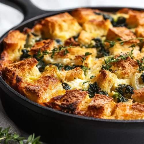 Make-Ahead Vegetable Strata: Perfect Easy Brunch Casserole Recipe 2 Golden-Baked Make-Ahead Vegetable Strata Topped With Fresh Thyme In A Cast Iron Skillet