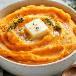 Bowl Of Creamy Mashed Sweet Potatoes Topped With Melting Butter And Fresh Thyme On A Neutral Background