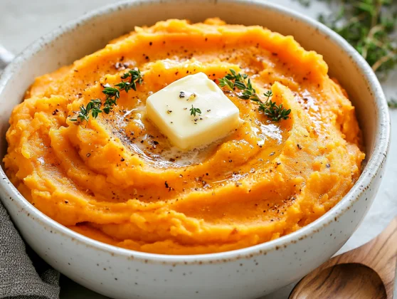 Mashed Sweet Potatoes: Creamy, Nutritious, And Easy To Make 2 Bowl Of Creamy Mashed Sweet Potatoes Topped With Melting Butter And Fresh Thyme On A Neutral Background