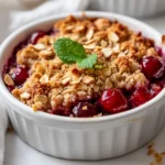 Warm No Added Sugar Cherry Crumble In A White Ramekin, Topped With Crunchy Oats And Almonds, Garnished With Mint