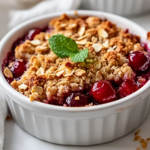 Warm No Added Sugar Cherry Crumble In A White Ramekin, Topped With Crunchy Oats And Almonds, Garnished With Mint