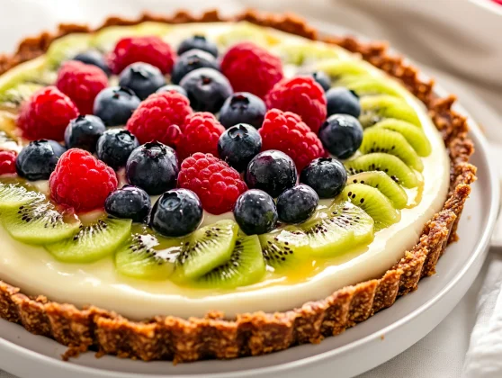 No-Bake Greek Yogurt Tart: Easy, Healthy Fruit Tart Recipe 2 Colorful No-Bake Greek Yogurt Tart Topped With Fresh Fruit On A White Ceramic Plate