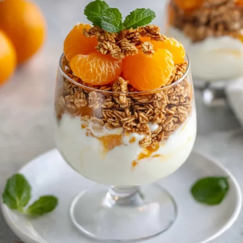 Orange Yogurt Parfait Layered In A Clear Glass, Topped With Granola And Mandarin Pieces, Against A Neutral Background.
