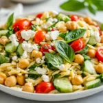 Vibrant Orzo Salad With Chickpeas, Cucumbers, Tomatoes, And Feta On A White Plate Garnished With Fresh Herbs