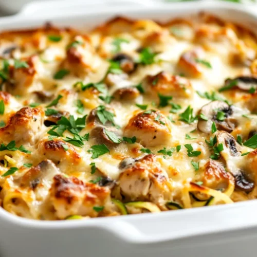 Creamy Paleo Chicken Casserole Topped With Melted Vegan Cheese And Parsley In A White Baking Dish