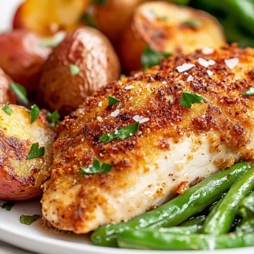 Parmesan Crusted Chicken Sheet Pan Dinner – Healthy And Delicious 2 Parmesan Crusted Chicken Sheet Pan Dinner On A White Plate With Roasted Potatoes And Green Beans, Garnished With Parsley