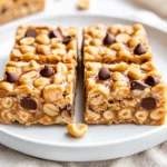 Peanut Butter Cheerio Bars On A White Plate, Drizzled With Honey, Garnished With Crushed Peanuts And Chocolate Chips