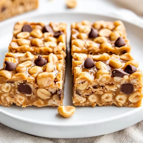Peanut Butter Cheerio Bars On A White Plate, Drizzled With Honey, Garnished With Crushed Peanuts And Chocolate Chips