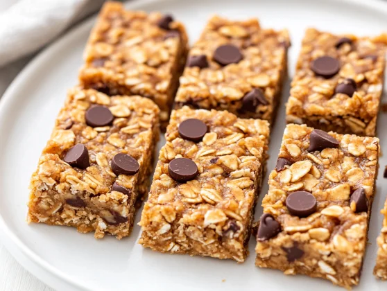 Peanut Butter Granola Bars On A White Plate, Drizzled With Honey And Garnished With Crushed Nuts