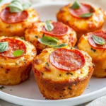 Golden Pepperoni Pizza Muffins On A White Plate, Topped With Melted Cheese And Fresh Basil Leaves