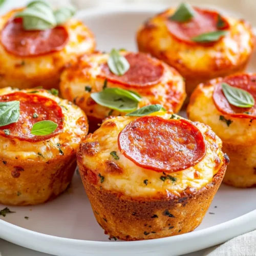 Golden Pepperoni Pizza Muffins On A White Plate, Topped With Melted Cheese And Fresh Basil Leaves