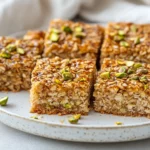 Delicious Pistachio Oat Squares Drizzled With Maple Syrup On A White Plate, Garnished With Crushed Pistachios