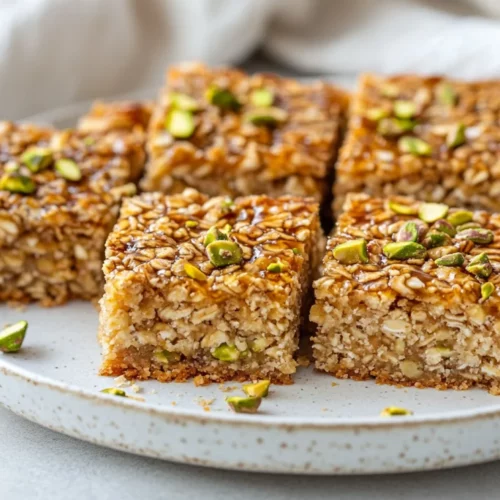 Delicious Pistachio Oat Squares Drizzled With Maple Syrup On A White Plate, Garnished With Crushed Pistachios