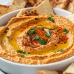 Creamy Red Lentil Hummus In A White Bowl Garnished With Parsley And Served With Pita Chips