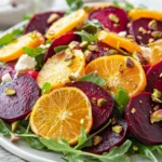 Vibrant Roasted Beet Orange Salad On A White Plate, Garnished With Pistachios And Ricotta Salata