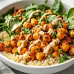 Bowl Of Roasted Chickpea Curry Bowl Topped With Spinach And Tahini-Lime Dressing, Served On A White Dish