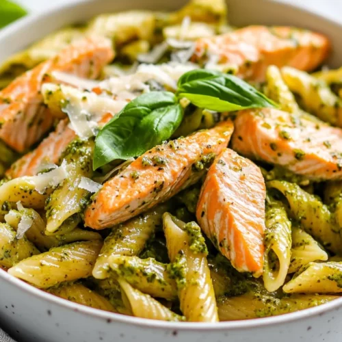 Delicious Salmon Pesto Pasta Garnished With Basil And Parmesan Served In A White Bowl