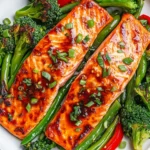 Salmon Traybake With Soy And Lime On A White Plate With Spring Onion Garnish And Colorful Roasted Vegetables