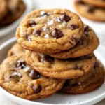 Stack Of Salted Banana Cookies On A White Plate, Sprinkled With Flaky Salt And Chocolate Chips.