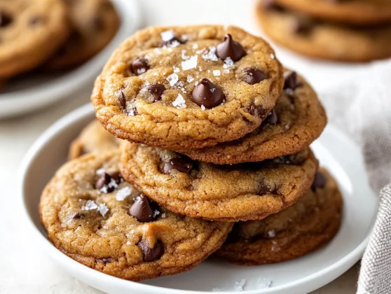 Stack Of Salted Banana Cookies On A White Plate, Sprinkled With Flaky Salt And Chocolate Chips.