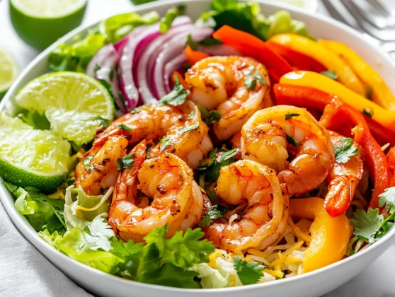 Shrimp Fajita Salad: A Healthy, Flavorful Meal In 40 Minutes 2 Vibrant Shrimp Fajita Salad With Shrimp, Bell Peppers, And Cilantro In A White Bowl With Lime Wedges