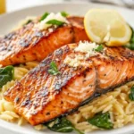 Skillet Salmon With Lemon Orzo On A White Plate Garnished With Fresh Parmesan And Lemon Slices