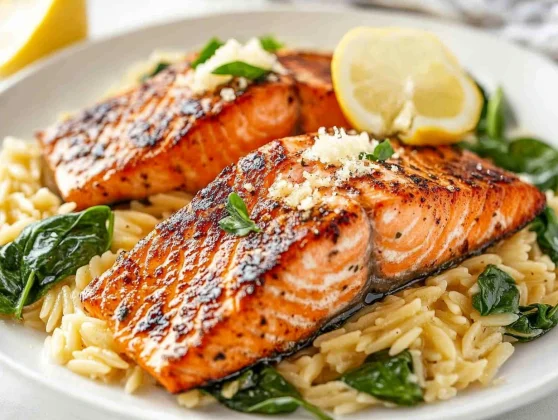 Healthy Skillet Salmon With Lemon Orzo – Quick And Delicious 2 Skillet Salmon With Lemon Orzo On A White Plate Garnished With Fresh Parmesan And Lemon Slices
