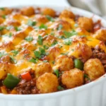 Sloppy Joe Tater Tot Casserole With Crispy Tater Tots And Melted Cheese In A White Baking Dish