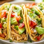 Platter Of Slow Cooker Chicken Tacos Topped With Avocado, Cheese, And Cilantro, Served With A Side Of Salsa.