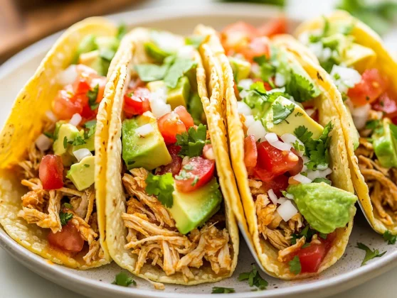 Platter Of Slow Cooker Chicken Tacos Topped With Avocado, Cheese, And Cilantro, Served With A Side Of Salsa.
