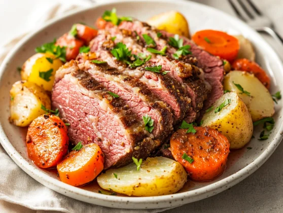 Slow Cooker Corned Beef Cabbage Served On A Rustic Plate, Garnished With Parsley And Mustard, Showcasing Vibrant Vegetables