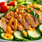 Colorful Spicy Chicken Salad With Sriracha Mayo In A White Bowl, Topped With Fresh Parsley And Vegetables