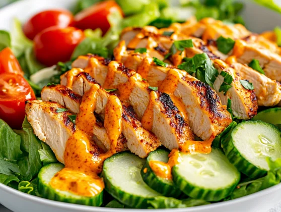 Colorful Spicy Chicken Salad With Sriracha Mayo In A White Bowl, Topped With Fresh Parsley And Vegetables