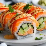 Close-Up Of Spicy Salmon Sushi Rolls On A White Plate, Garnished With Sriracha Mayo And Fresh Cilantro