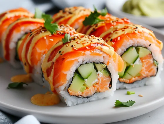 Close-Up Of Spicy Salmon Sushi Rolls On A White Plate, Garnished With Sriracha Mayo And Fresh Cilantro