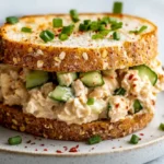Spicy Tuna Salad Sandwich On A White Plate, Filled With Cucumber And Garnished With Scallions