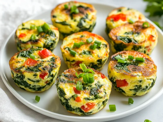 The Best Spinach Egg Bites Recipe For A Healthy Breakfast 2 Delicious Spinach Egg Bites On A White Plate Garnished With Green Onions, Offering A Pop Of Color.
