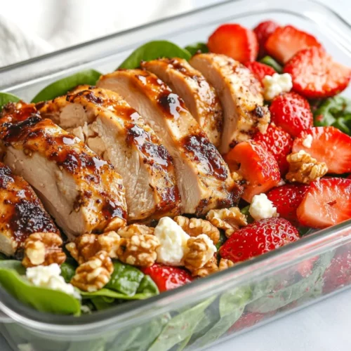 Vibrant Spinach Strawberry Salad Meal Prep In A Clear Container Topped With Roasted Chicken And Feta Cheese