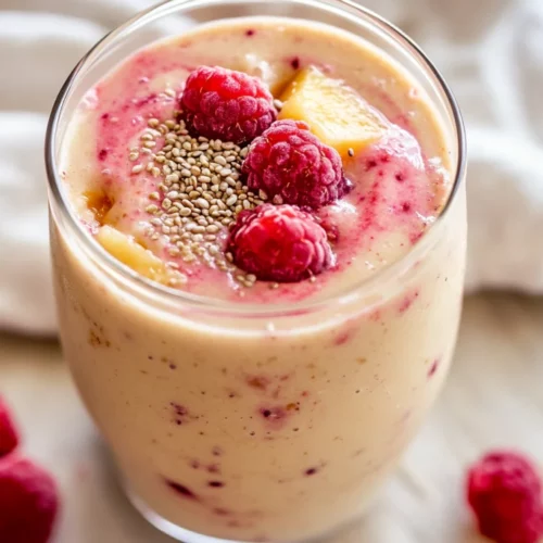 The Best Stress Relief Smoothie Recipe For Relaxation 2 Thick Stress Relief Smoothie In A Clear Glass, Topped With Hemp Seeds And Fresh Raspberries On A Wooden Table