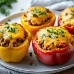 Stuffed Bell Peppers Filled With Ground Beef And Rice, Topped With Melted Cheese And Parsley On A White Plate