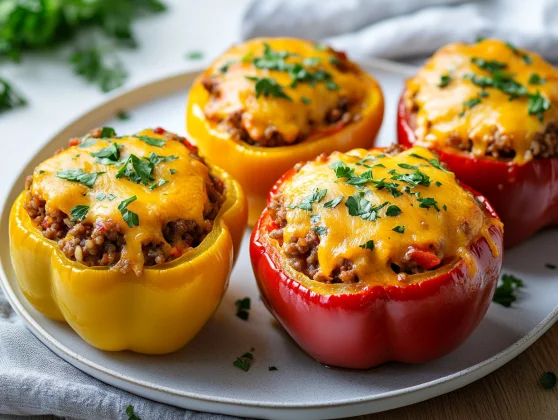 Healthy Stuffed Bell Peppers Recipe Packed With Flavor And Protein 2 Stuffed Bell Peppers Filled With Ground Beef And Rice, Topped With Melted Cheese And Parsley On A White Plate