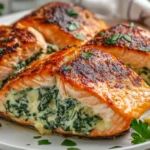 Stuffed Salmon With Spinach On A White Plate, Garnished With Parsley And Lemon Slices For A Fresh Look