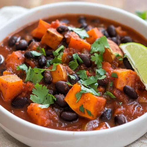 Bowl Of Sweet Potato Black Bean Chili Garnished With Fresh Cilantro And A Lime Wedge, Steaming And Vibrant.