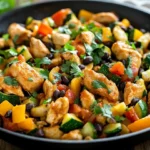 Tex Mex Chicken Zucchini Skillet Topped With Melted Cheese And Fresh Herbs In A Skillet On A Wooden Table