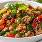 Delicious Thai Basil Chicken Stir Fry In A White Bowl, Garnished With Fresh Basil And Green Onions